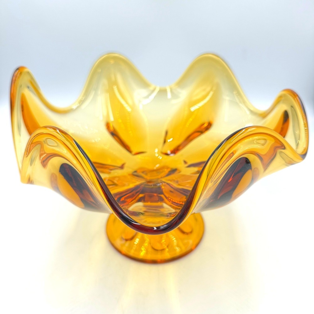 Viking Epic Amber Glass 6 Petal Pedestal Bowl Centerpiece Swung Rim MCM 1960s